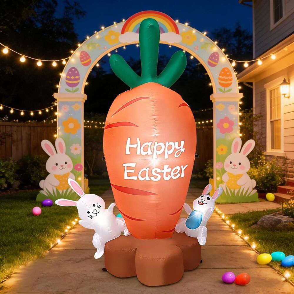 6FT Easter Inflatable Carrot with 2 Bunnies - LED Lights Outdoor Indoor Decor